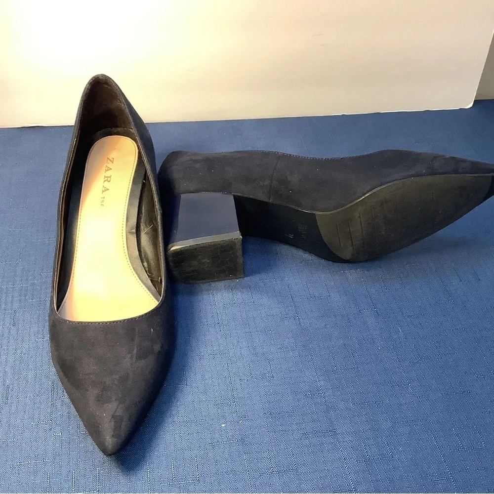 Zara TRF Block Heel Blue Suede-Like Women's Shoes Size 39 EU / 8.5 US - Picture 2 of 4